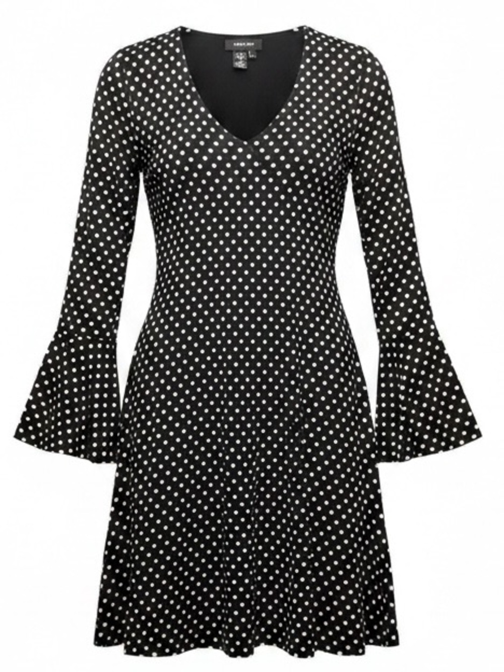 Karen Kane Polka Dot Bell Sleeve A-Line Mini Dress Black White Womens L